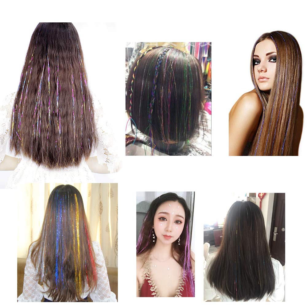 Hair Tinsel Strands 47 Inches Sparkling Shiny Hair Tinsel Extensions 12 Colors (7200 Pieces) Colored Party Highlights Bling Glitter Hair Streak Extensions (7200 pieces)