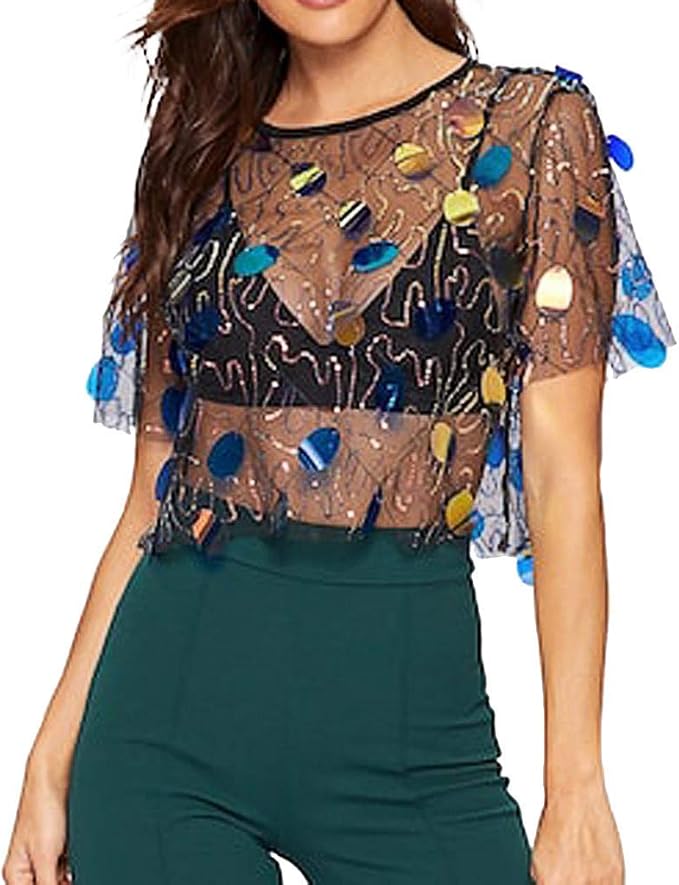 Keepfit Women's Fashion Sequin Sheer Mesh Crop Tops at Amazon Women’s