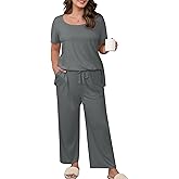 ZHUHOUSE Women’s Plus Size 2 Piece Pajamas Lounge Sets Summer Outfits Short Sleeve Tops Wide Leg Pants with Pockets