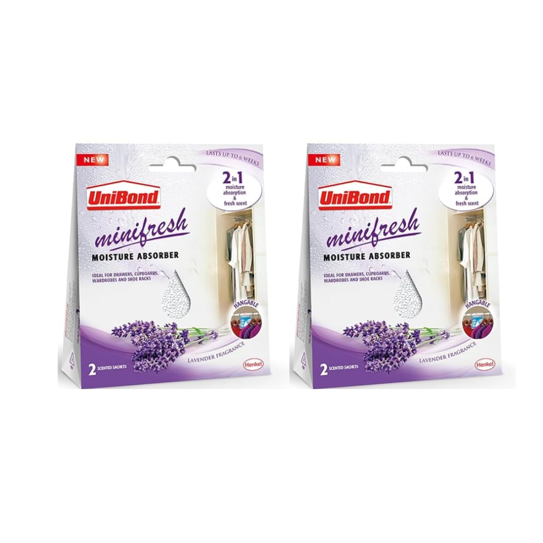 UniBond Minifresh Moisture Absorber, Lavender Fragrance Hangable Sachets, Ideal for Drawers, Cupboards, Wardrobes & Shoeracks, 2 Scented Sachets