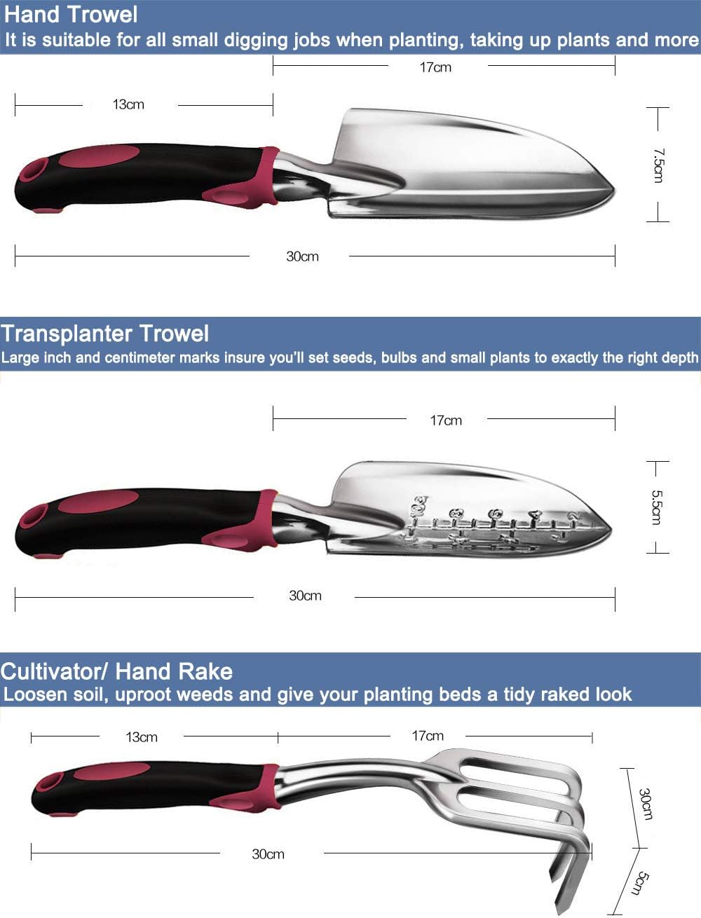 ESOW Garden Tool Set, 3 Piece Cast-Aluminum Heavy Duty Gardening Kit Includes Hand Trowel, Transplant Trowel and Cultivator Hand Rake with Soft Rubberized Non-Slip Ergonomic Handle, Garden Gifts : Garden & Outdoor