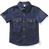 OCHENTA Boys' 100% Cotton Denim Shirt - Short Sleeve Button Down Western Top for Toddler to Big Boy Summer Casual Shirt