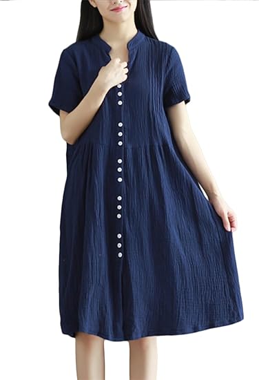 Amazon Co Jp エスティーリーフ Esty Leaf レディース シャツ ワンピース ゆったり 多ボタン 大きいサイズ ｖネック 半袖 楊柳 ネイビー 服 ファッション小物