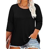 ZDC Women's Plus Size Tops 3/4 Sleeve Crew Neck T Shirts Loose Fit Tee Tunic Casual Blouse