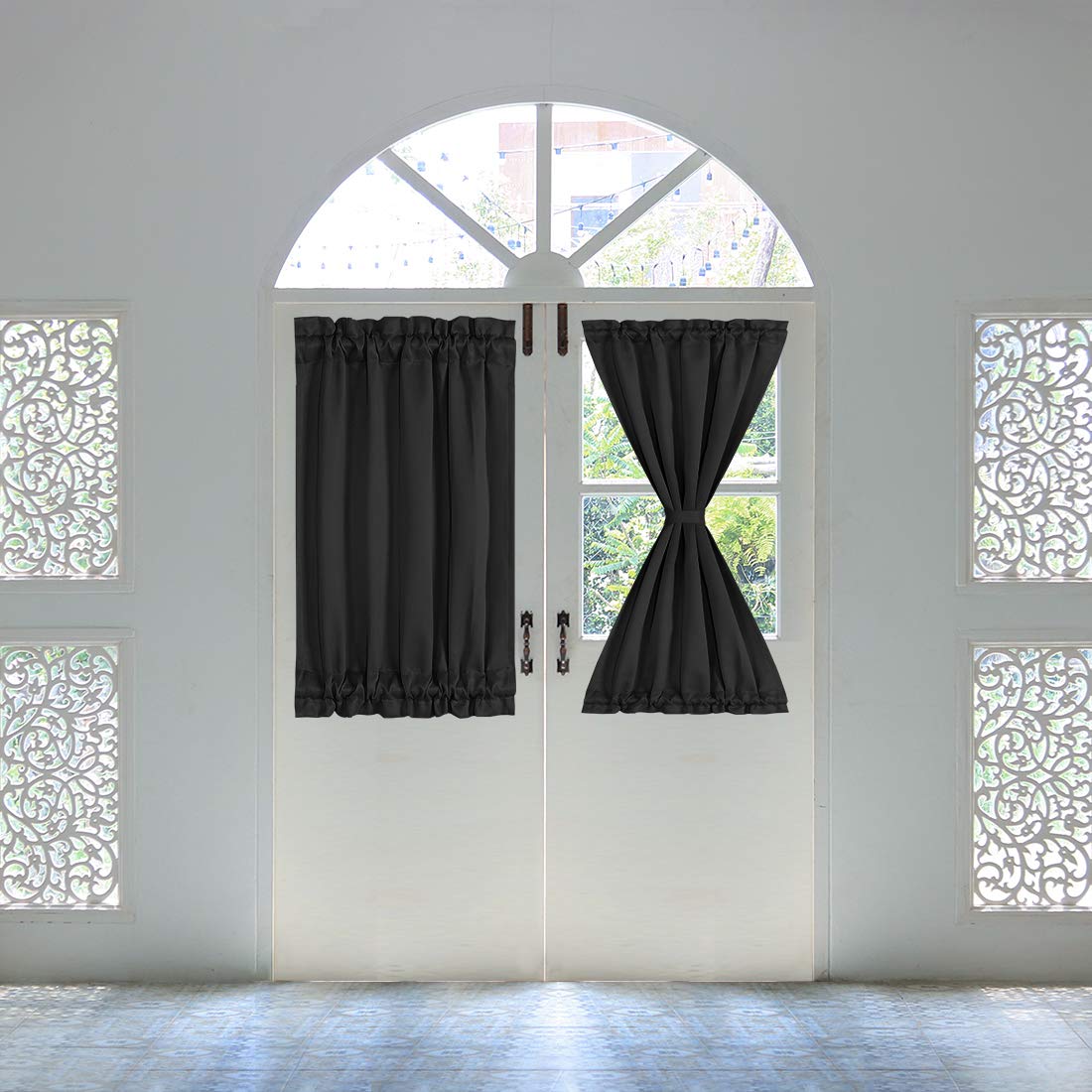 PiccoCasa Blackout French Door Curtain Panel - Blackout Door Curtain 25x40 Inches Solid Drapery with Tiebacks - 1 Panel,Black — image 1