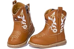 Newsonet Baby Cowboy Cowgirl Boots Infant Western Boots Toddler Boys Girls Round Toe Riding Mid Calf Boots All Seasons for 6 9 12 18 24 Months