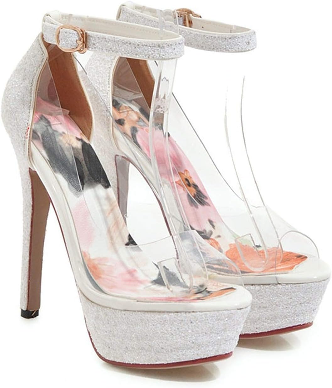 High Heels Women Sandals Wedding Shoes Transparent Peep Toe Ankle Strap Sandals Red