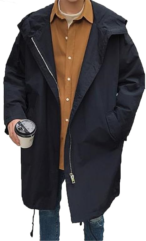 Amazon Jiangwei トレンチコート メンズ スプリングコート ロング 春 薄手 Bf風 ゆったり フード付き カジュアル おしゃれ 通学 無地 コート ジャケット 通販