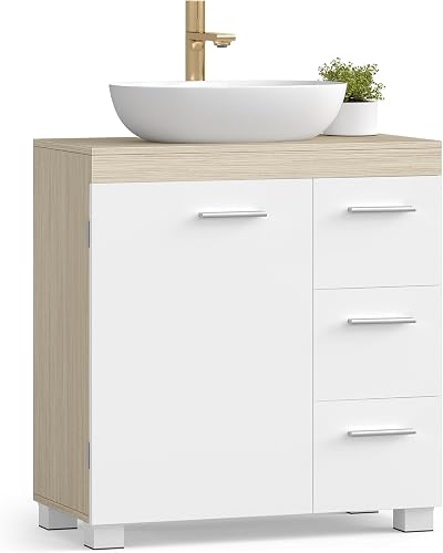 VASAGLE Under Sink Cabinet 30 x 60 x 64 cm Cloud White Beige 3 Drawers