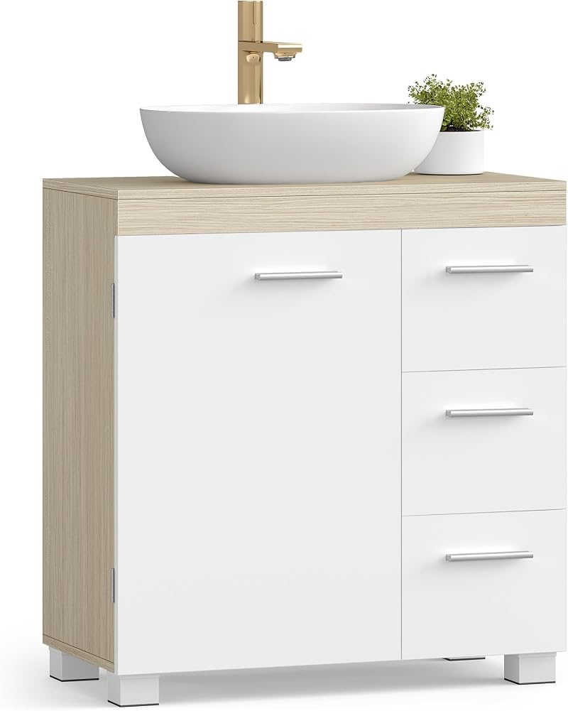 VASAGLE Under Sink Cabinet 30 x 60 x 64 cm Cloud White Beige 3 Drawers
