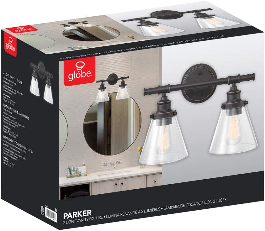 Globe Electric Parker 2 Vanity Light, Oil Rubbed Bronze, Clear Glass Shades 51444, 11", Chrome - - 