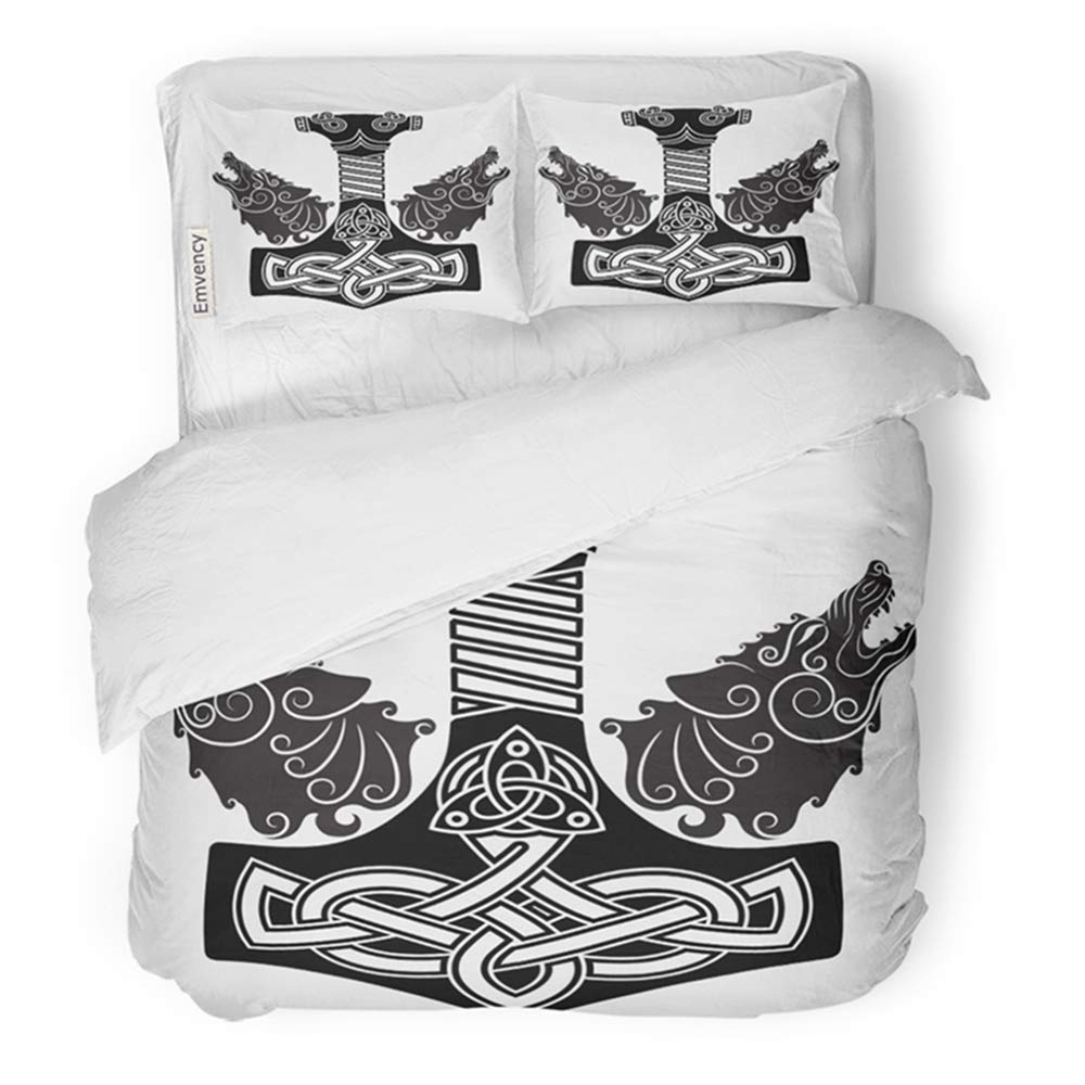 Emvency Bedding Duvet Cover Set Twin (1 Duvet Cover + 1 Pillowcase) Viking Thor Hammer Mjollnir Scandinavian and Two Wolfs White Norse Hotel Quality Wrinkle and Stain Resistant