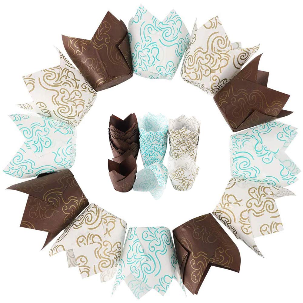 150 Pcs Paper Baking Cups Muffin Liners Paper Muffin Cups with Auspicious Clouds Pattern for Cake Packaging Home and Party (Blue, Gold, Coffee)