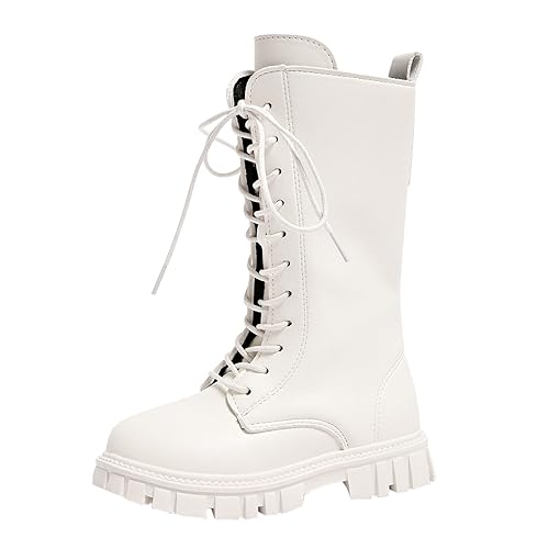 Girls Knee-High Demon Boots Lace Up Warm Plush Lined Mid Calf Easy to Put On Long Boot School Shoes Walking Bootie Non Slip Waterproof Pu Leather Side Zipper Little Girl Boot Cream Size 1