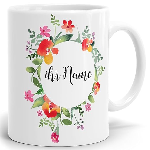 Drucksaal Namenstasse-Tasse-Becher-Kaffeetasse-mit Name-mit Namen individuell und persönlich Motiv Blumenkranz