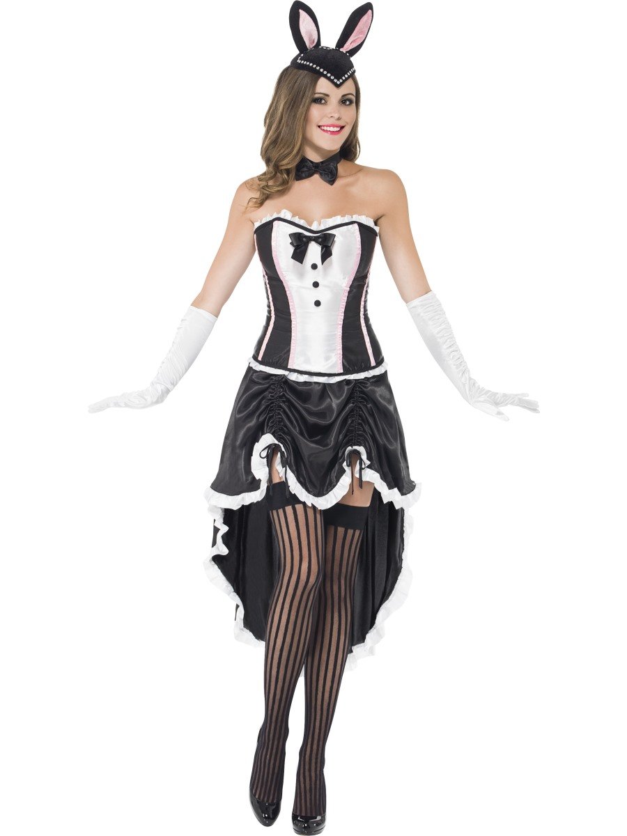 Smiffy's Women's Bunny Burlesque, Corset, Adjustable Skirt and Bow Tie, Size: 16-18, Colour: Black and White, 43883