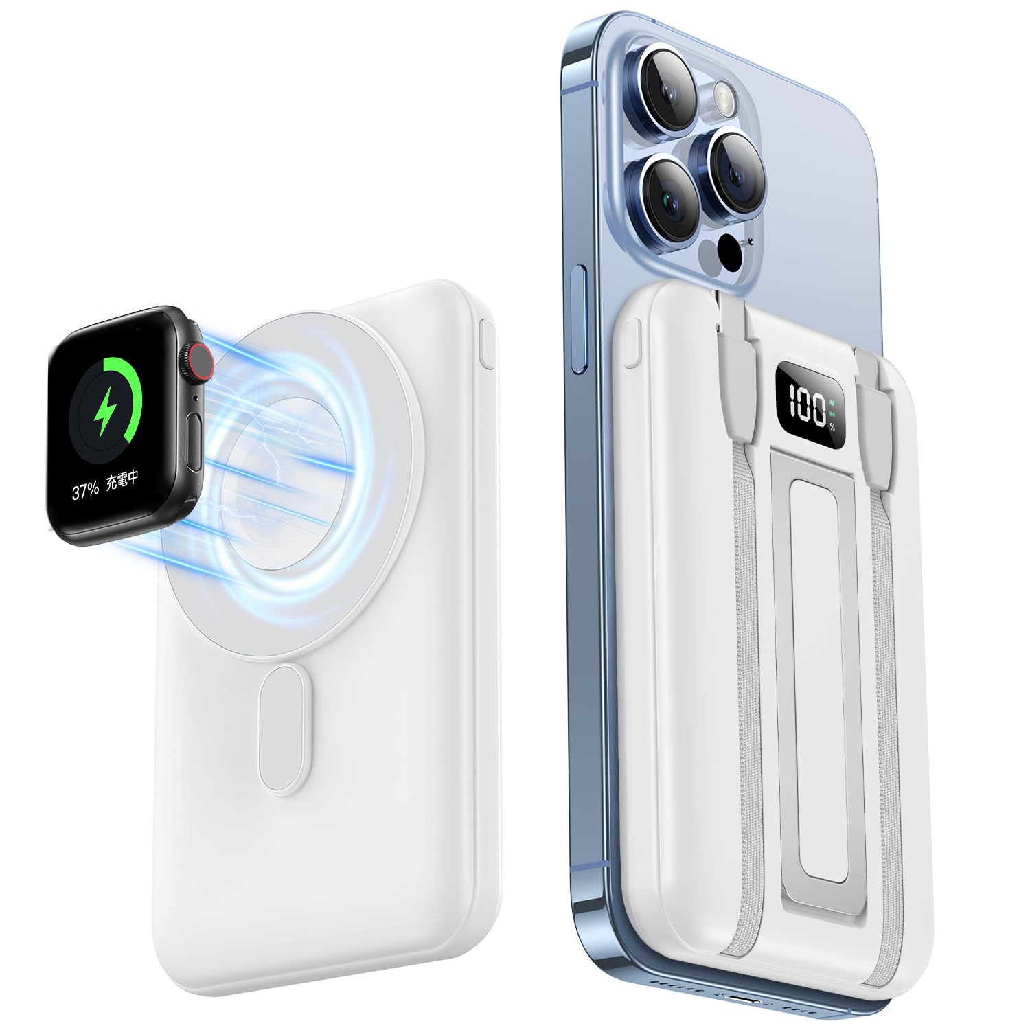 モバイルバッテリー MagSafe対応 大容量 18000mAh PD22.5W急速充電 3台同時充電 まぐせーふ対応モバイルバッテリー マグセーフ 軽量 小型 ワイヤレス充電器 マグネット式充電器 持ち運び ケーブル内蔵 スタンド付き PSE認証済 LED表示 iPhone12-17/App