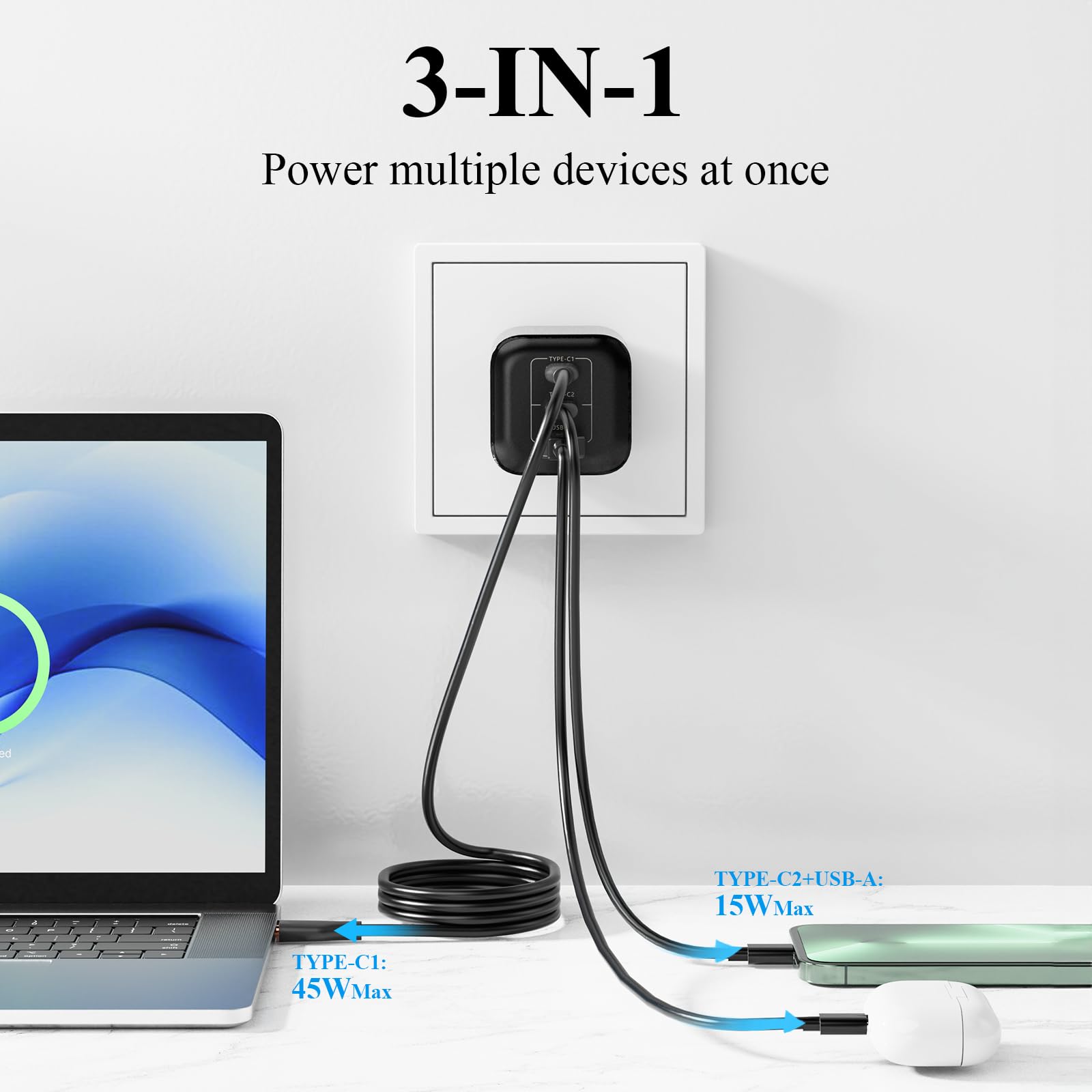 Minthouz USB-C-Ladegerät mit Charging Cable, PD 67W, 3-Port-GaN-Mehrfachnetzteil, Fast Charger kompatibel mit Lenovo ThinkPad/Dell XPS/MacBook/Samsung Galaxy Serie 3