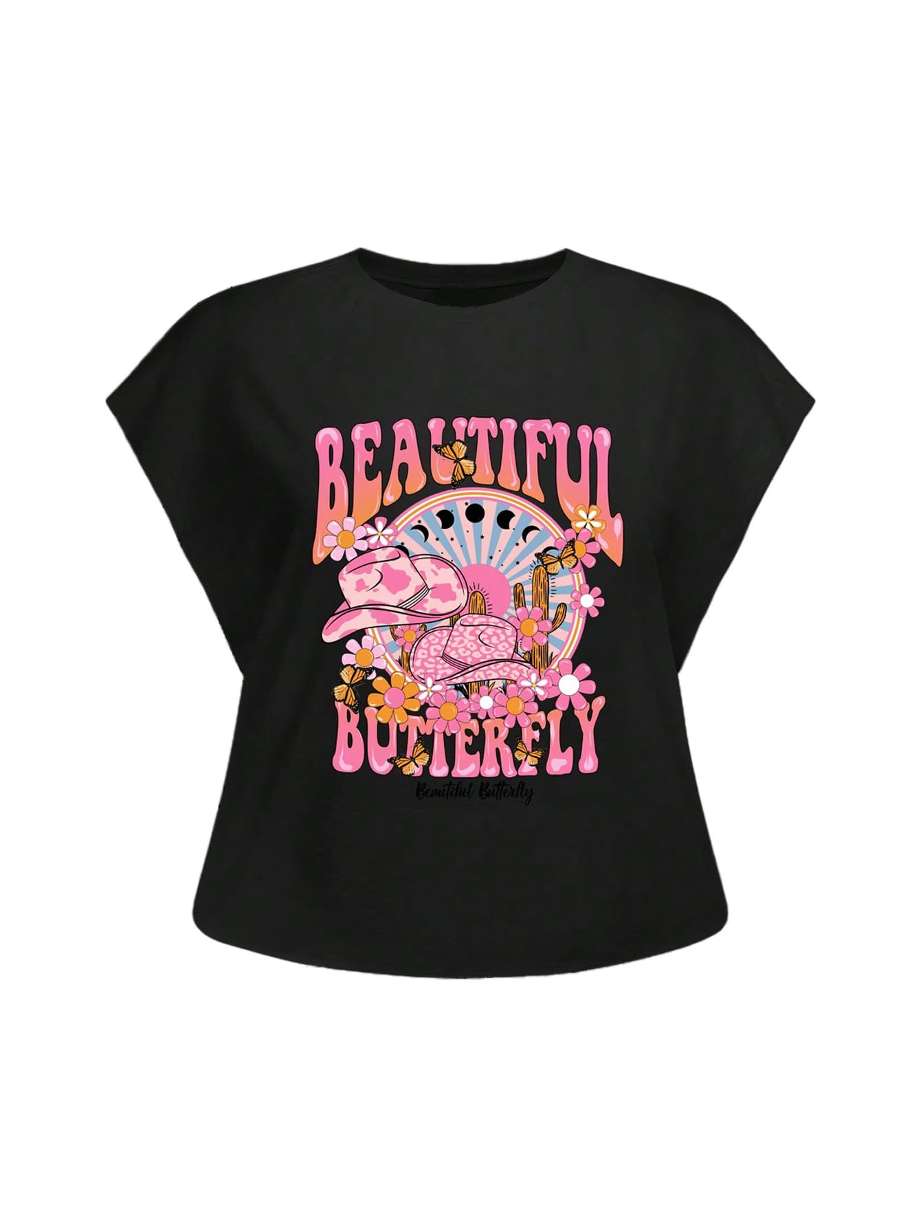 Photo 1 of GORGLITTER Women's Graphic Print Cap Sleeve Crop Top Casual Round Neck Short Sleeve T-Shirt Black Mushroom & Letter Small