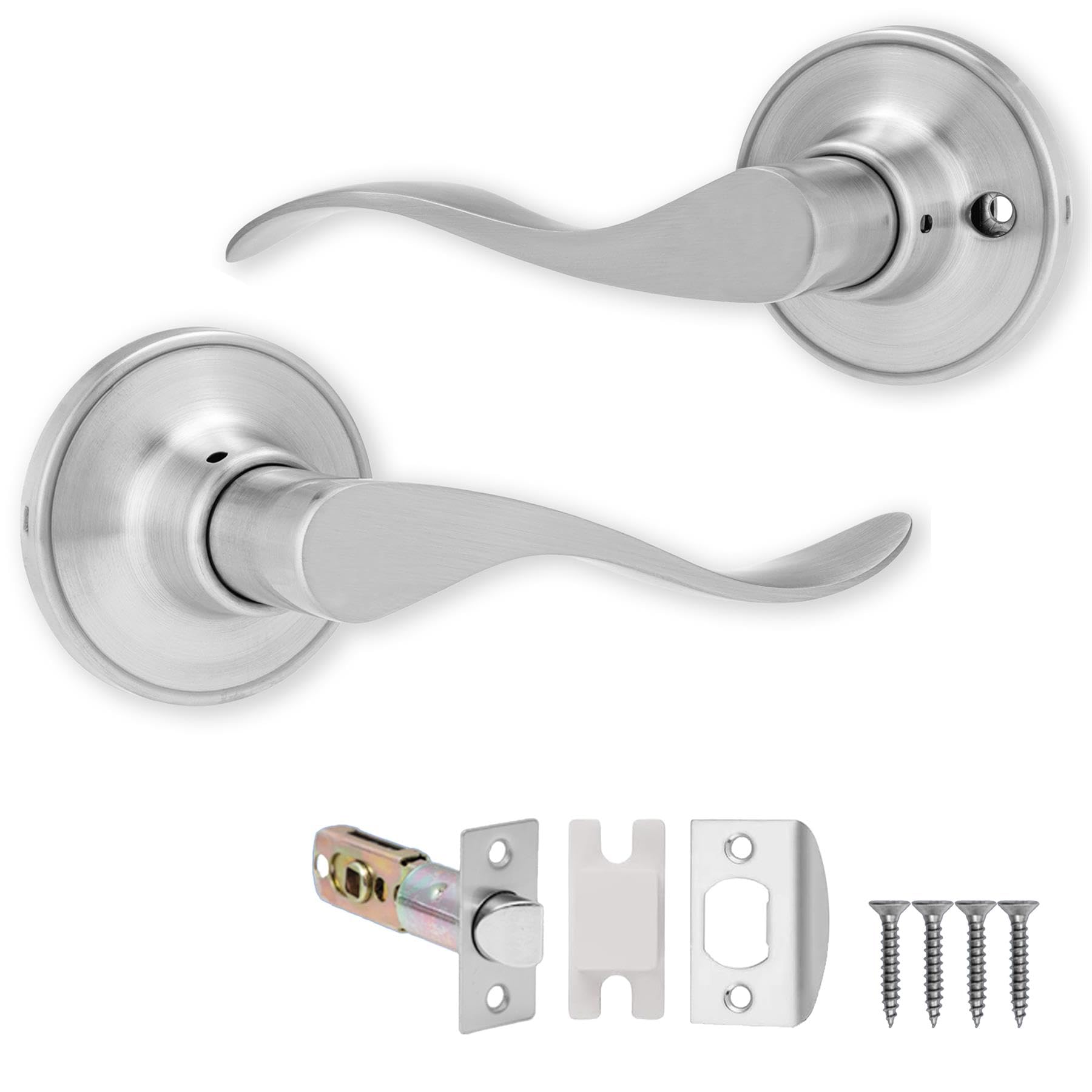 XFORT Cabriole Passage Knob Set Satin Chrome, Door Knob for Internal Wooden Doors, Complete Set with Tubular Latch