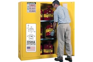 Justrite 45 Gallon Self Close Flammable Storage Cabinet, 18 Gauge Steel, 2 Shelves, 2 Door Fire Cabinet, 65" x 43" x 18", Made in The USA, Yellow, 894520