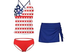 Kimoda Girls Swimsuits 3 Piece Tankini Bathing Suit Set Bikini Swimwear with Cover Ups Beach Skirt 6-12 Years