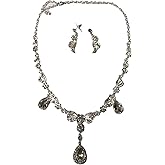 Secret for Longevity Silver Tone Antique Vintage Retro Art Deco Style Flapper Gatsby Rhinestone Statement Wedding Bridal Prom Necklace Earring Set