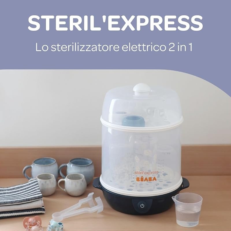 Sterilizzatore per biberon 2 in 1, Evolutivo, elettrico a vapore, 2 in 1, 2 scomparti, fino a 8 biberon e accessori, ultra rapido, timer, Steril'Express, blu notte