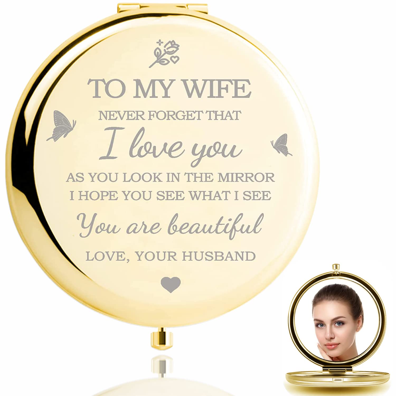 HZJ-AIGO Gifts for Wife-I Love You Wife Gift Compact Mirror-Romantic Gift for Her Birthday,Wedding Anniversary,Valentines Day,Christmas (Gold)