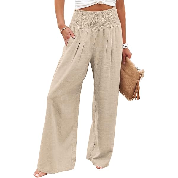 chouyatou Women's Smocked High Waisted Cotton Linen Wide Leg Pants