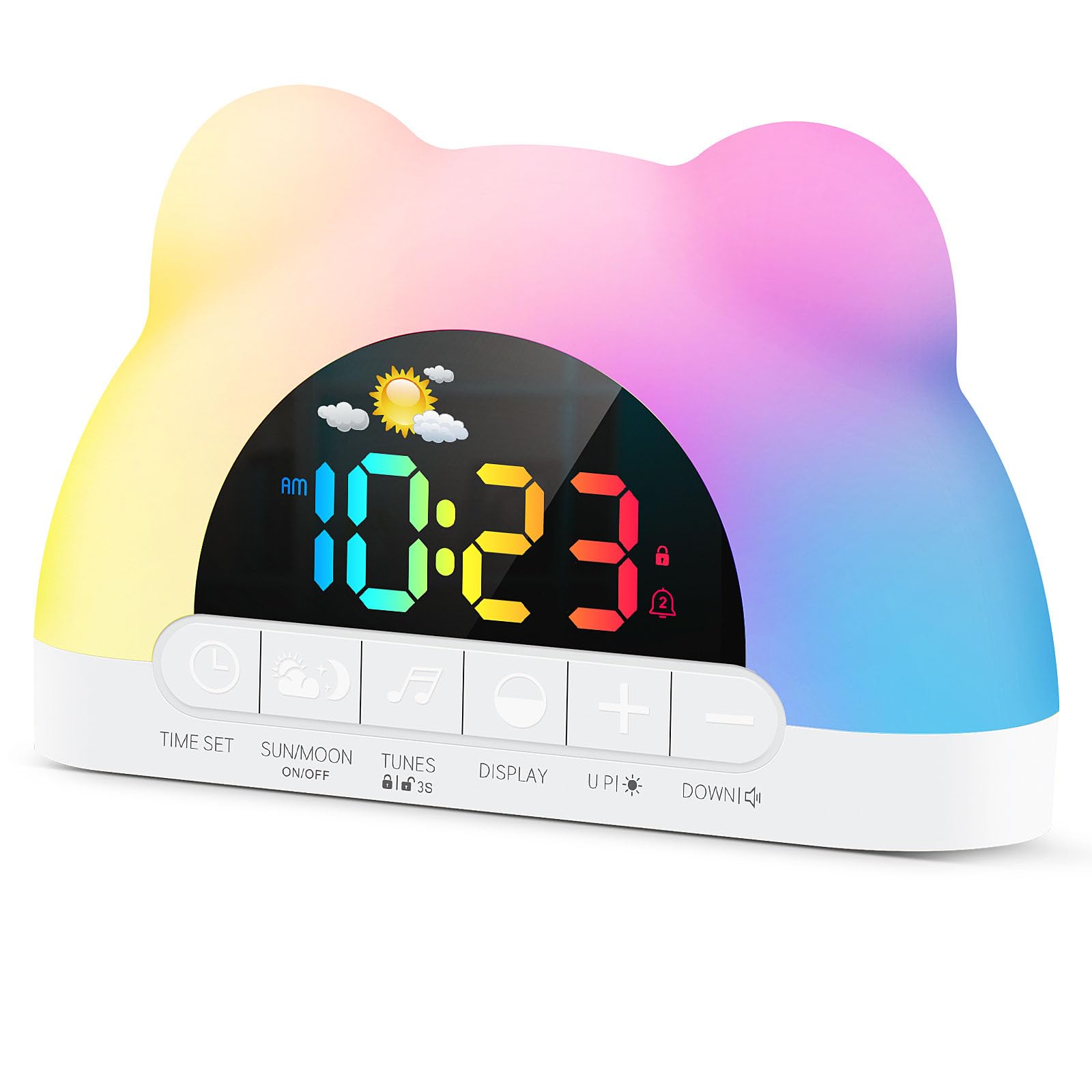 Kids Alarm Clock,Toddler Sleep Training Digital Alarm Clock with Sun & Moon,11 RGB Color Night Lights, OK to Wake Clock for Girls Boys Teens,Sleeping Reminder,Child lock,Dual Alarms,Type-C powered