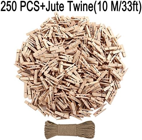 Small Natural Wood Mini Heavy-Duty Durable Clip Clothes Pin Pegs Size Durable Jute Twine String Micro for Hanging Photos,Girls Picture,Boys Dorm Room,Women Accessories,Bookmark Fashion Pop 250 Piece