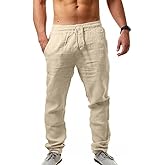 Puimentiua Mens Linen Pants Casual Drawstring Loose Lightweight Mens Pants Yoga Summer Beach Trousers