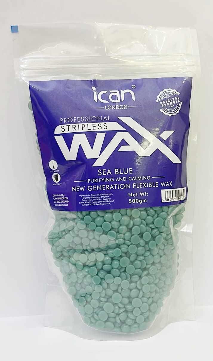 Ican London Professional Hard Wax Beads,Stripless Depilatory Waxing Pellets Solid Beans No Strip Needed, Pain Free Hair Removal Wax For Full Body (Sea Blue, 500g)