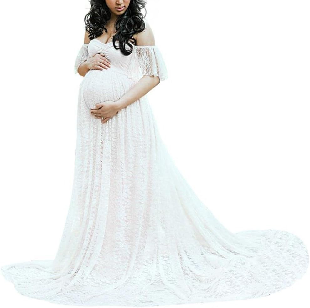 Women's Maternity Dress Lace Photography Pregnant Dress Ruffle Long Maxi Gown Prop for Photo Shoot