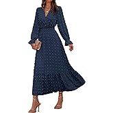 BTFBM Women Spring Maxi Dresses 2026 Long Sleeve V Neck Swiss Dots High Waisted A-Line Ruffle Boho Long Dress Vacation
