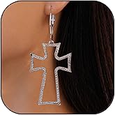 Chunky Gold Cross Earrings for Women Silver Big Hollow Cross Dangle Drop Earrings Trendy Hammered Hypoallergenic Hoop Earrings Vintage Statement Jewelry for Woman