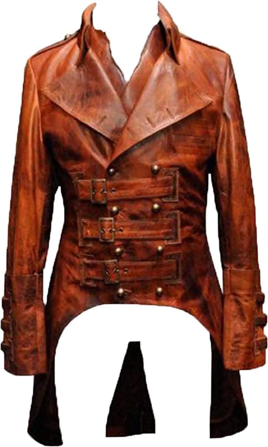 Gothic Tailcoat Steampunk Victorian Real Brown Leather Trench Long Coat Men