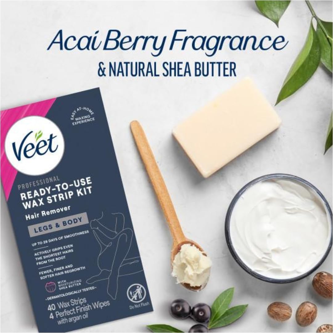 Veet Leg & Body Hair Removal Kit- Sensitive Formula, Ready-to-use Cold Wax Strips, Shea Butter & Acai Fragrance, 40 Count (Pack of 2)