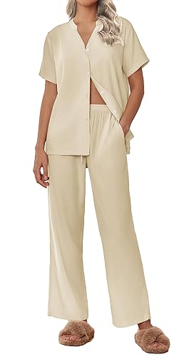 Ekouaer Women Pajamas Set Short Sleeve Button Down Sleepwear Soft Pjs  Loungewear Pants Beige Medium in Oman Whizz Sets