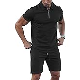 URRU Men's 2 Piece Outfits Short Sleeve Casual Polo Shirt and Shorts Set Summer Quarter Zip Tracksuit for Men S-XXL