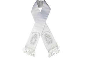 Unotux White Satin Stole Sash Baptism Christening Embroidered Virgin Maria in Gold Silver
