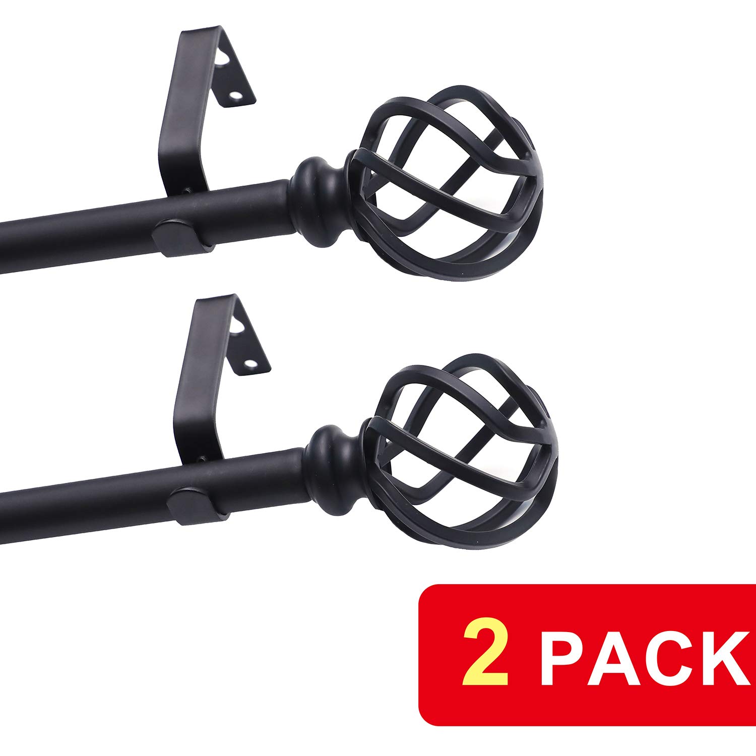 QITERI Curtain Rod Black 2 Pack for windows with Twisting Cage Finials, 3/4" Decorative Single Window Rod 28"-48" with Twisting Cage Finials, Black Drapery Rod of Window Treatment,2 Pack