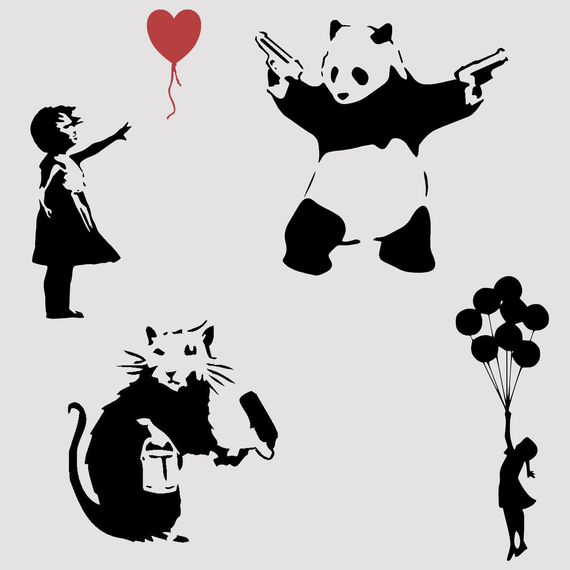 artcraftuk Pack of 4 Banksy Wall Stickers, Banksy Panda, Banksy Girl with Balloon, Banksy Skirting Board Wall Art Bedroom Decoration Removable Decal Peel & Stick Wall Art Vinyl Decals