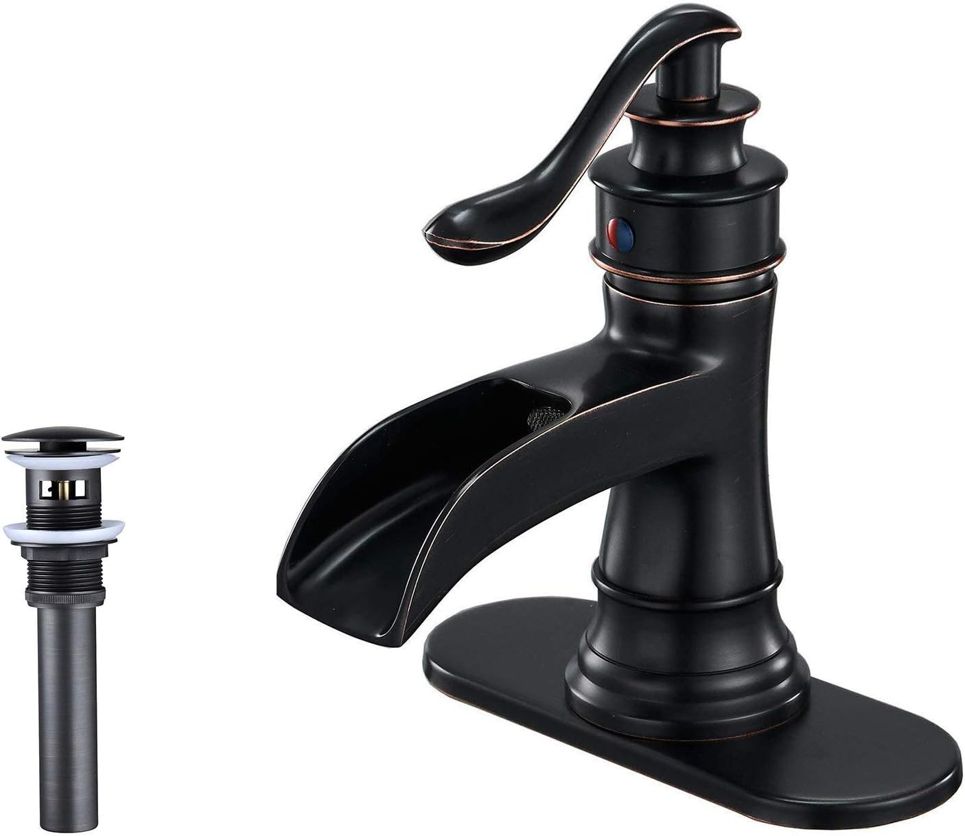 Greenspring Bathroom Faucet Oil Rubbed Bronze Waterfall Single Handle Single Hole Deck Mounted Modern Lavatory Faucets Matching Pop up Drain with Overflow