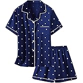 Schbbbta Girls Womens Pajamas, Satin Silky Pjs Set Kids 2Pcs Button-Down Nightwear Sleepwear Gift for Mommy and me