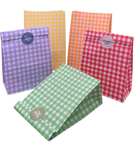 PHOGARY 50 Pack Colorful Plaid Gift Bags - Small Kraft Paper Treat Bags With 60 Thank You Stickers For Party Favors