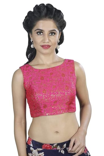 Women's Brocade Padded Back Open Hooks Sleeveless Saree Blouse (X-488.AS)