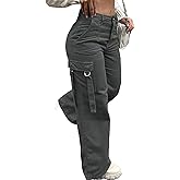 Djeanxa Cargo Pants for Women Straight Wide Leg Y2K Pants Baggy High Waisted Combat Military Hiking Pants with Pockets