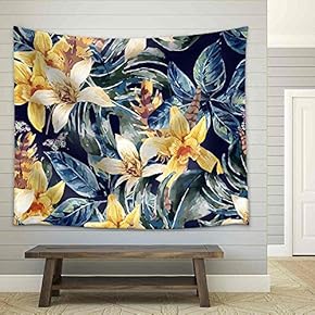 Vintage Floral Seamless Pattern, Tropical Green Leaves and Exotic Flowers - Fabric Wall Tapestry Home Decor - 51x60 inches